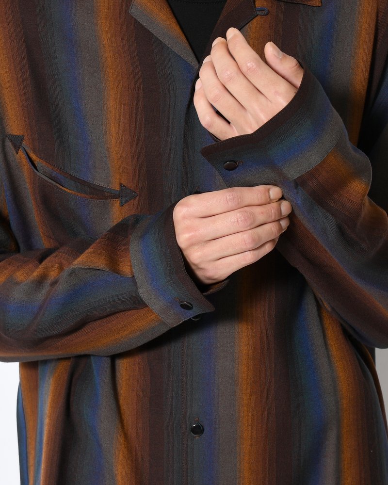 SMILE POCKET OPEN COLLAR SHIRTS -Wool Rayon Gradetion stripe -MULTI STRIPE-