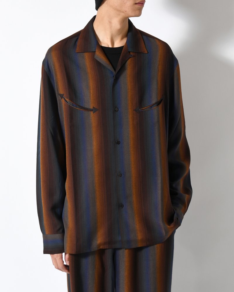 SMILE POCKET OPEN COLLAR SHIRTS -Wool Rayon Gradetion stripe -MULTI STRIPE-