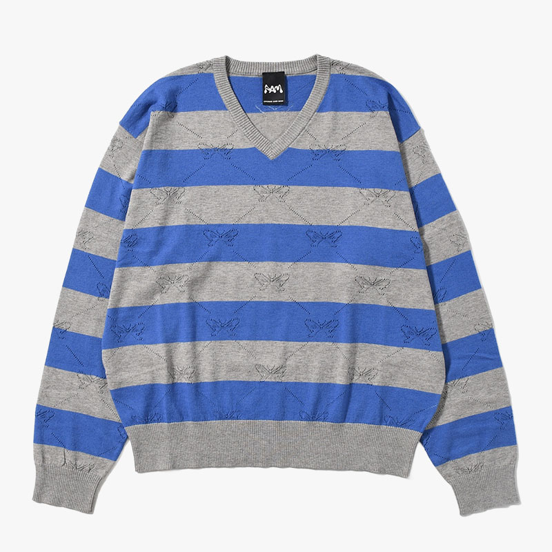 KALEIDOSCOPE KNITTED V-NECK SWEATER -GREY/BLUE BELL-