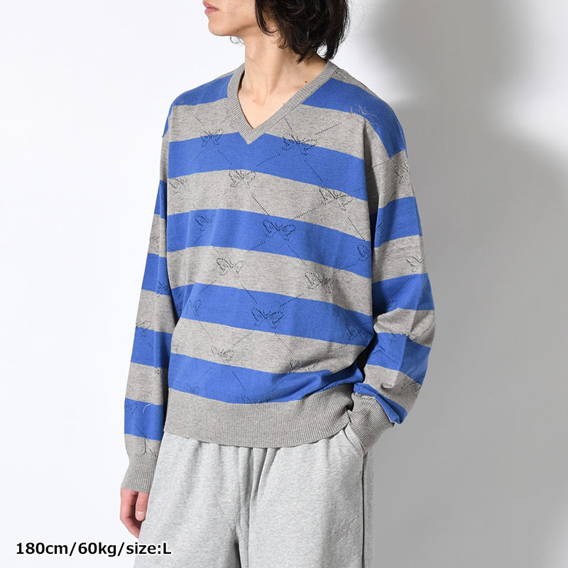 KALEIDOSCOPE KNITTED V-NECK SWEATER -GREY/BLUE BELL-