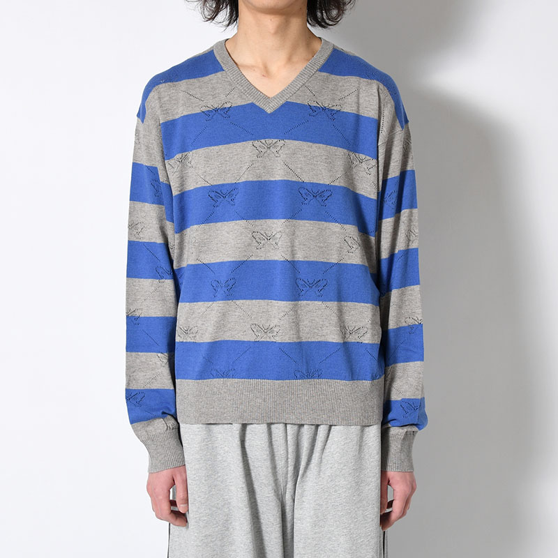 KALEIDOSCOPE KNITTED V-NECK SWEATER -GREY/BLUE BELL-