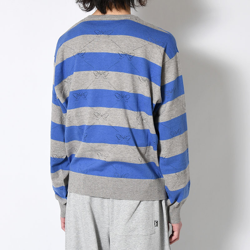 KALEIDOSCOPE KNITTED V-NECK SWEATER -GREY/BLUE BELL-