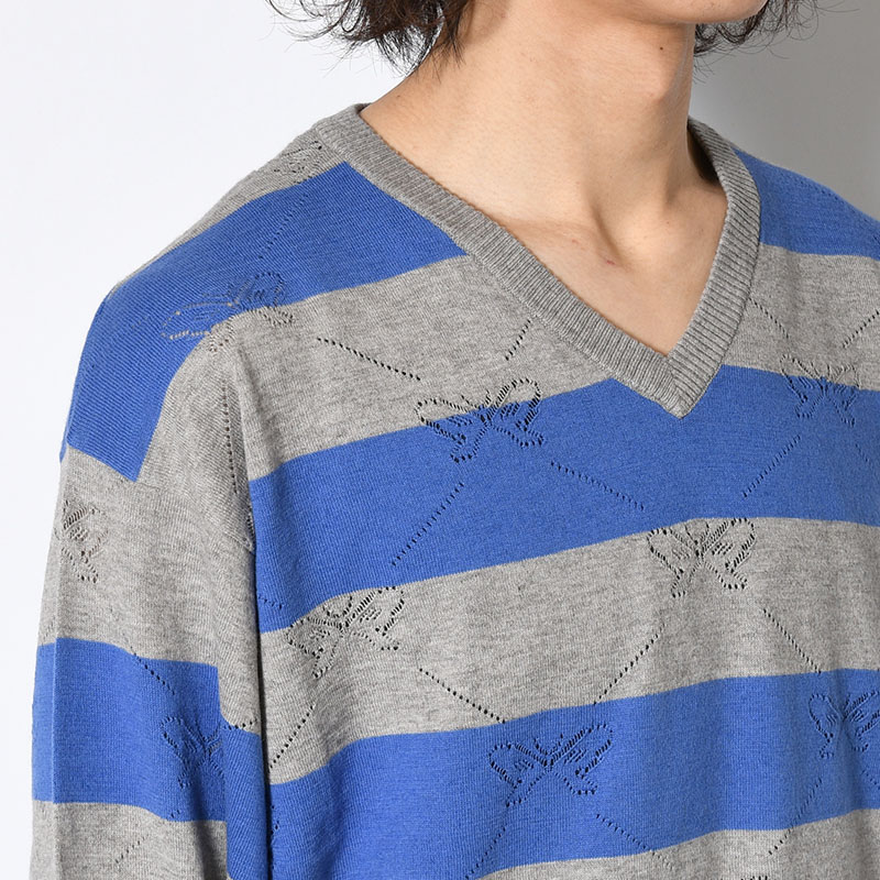 KALEIDOSCOPE KNITTED V-NECK SWEATER -GREY/BLUE BELL-