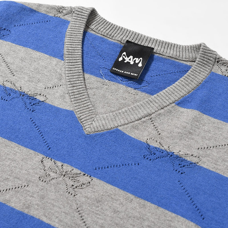 KALEIDOSCOPE KNITTED V-NECK SWEATER -GREY/BLUE BELL-