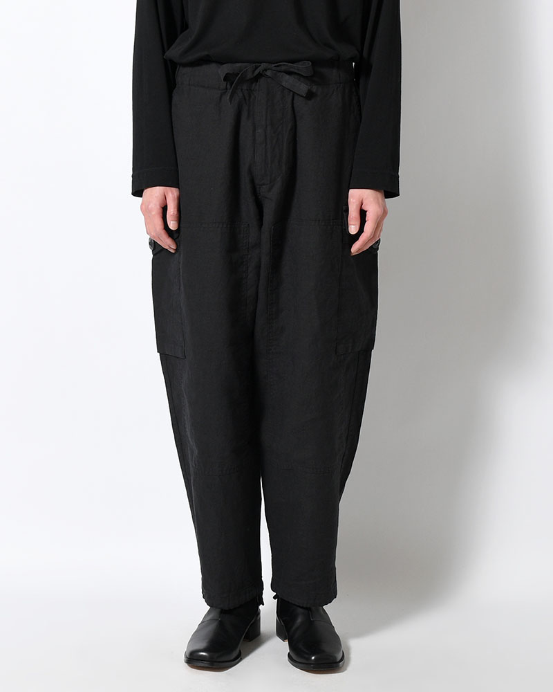 LINEN COTTON KNEE CARGO PANTS -BLACK-