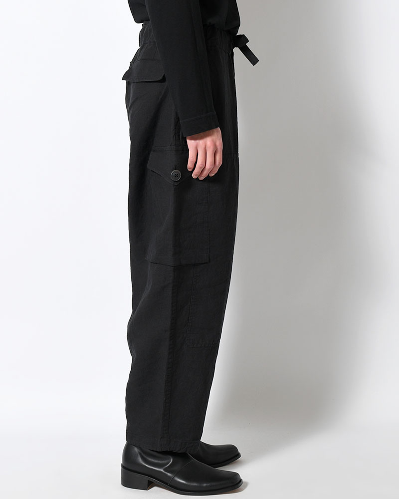LINEN COTTON KNEE CARGO PANTS -BLACK-