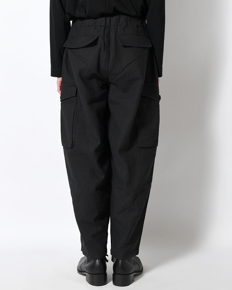LINEN COTTON KNEE CARGO PANTS -BLACK-