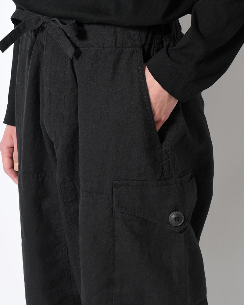 LINEN COTTON KNEE CARGO PANTS -BLACK-
