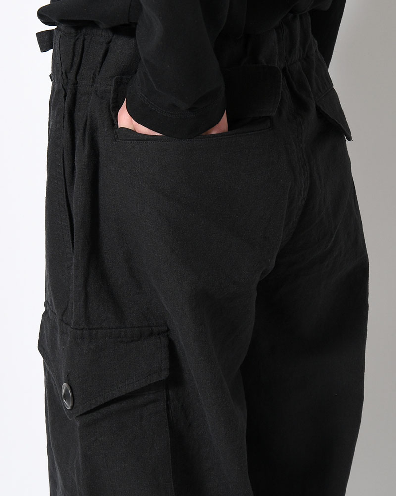 LINEN COTTON KNEE CARGO PANTS -BLACK-