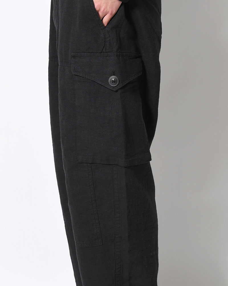 LINEN COTTON KNEE CARGO PANTS -BLACK-