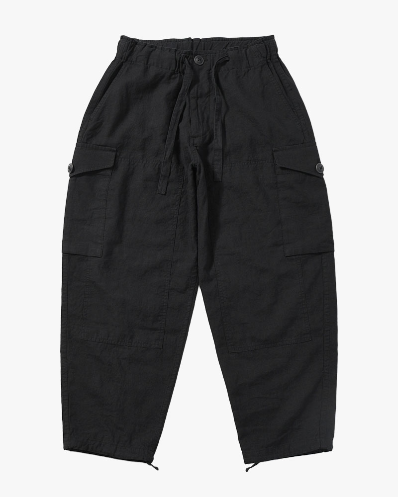 LINEN COTTON KNEE CARGO PANTS -BLACK-