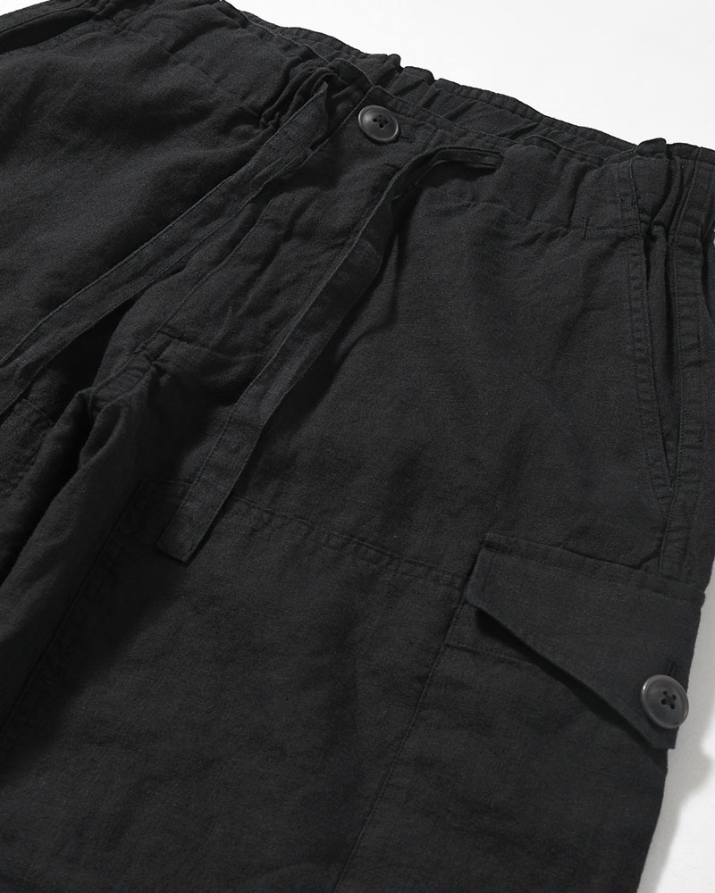 LINEN COTTON KNEE CARGO PANTS -BLACK-