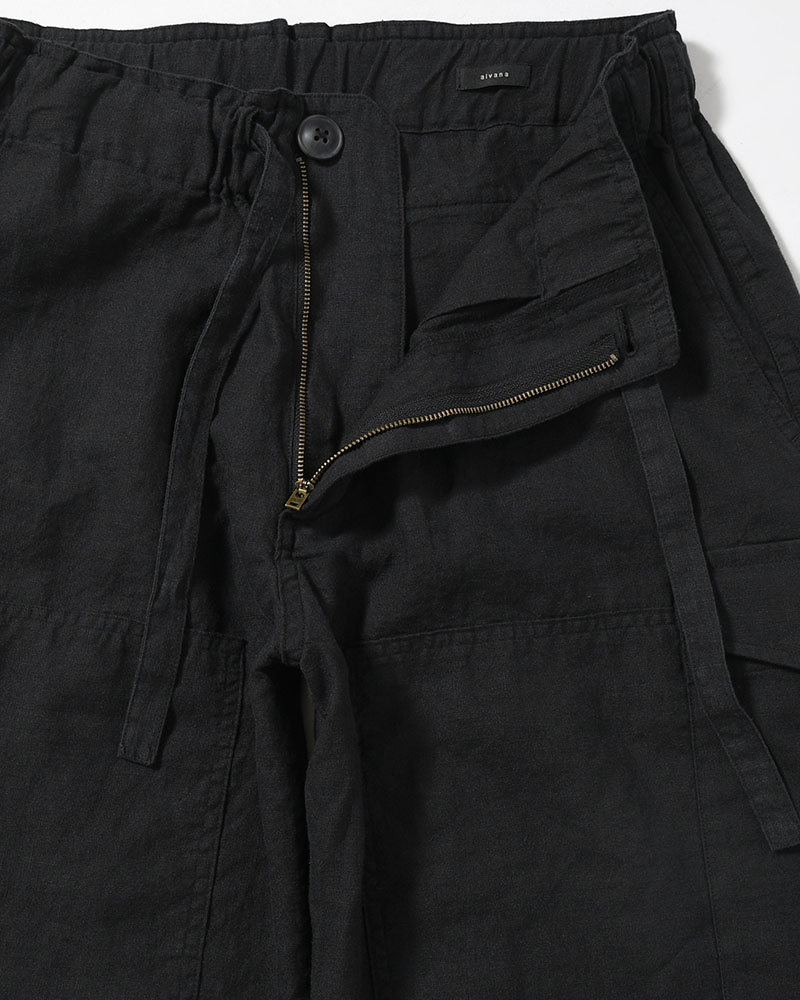 LINEN COTTON KNEE CARGO PANTS -BLACK-
