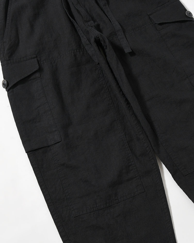 LINEN COTTON KNEE CARGO PANTS -BLACK-