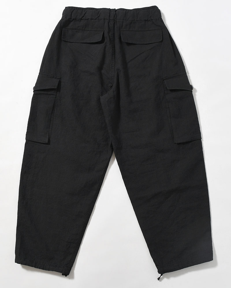LINEN COTTON KNEE CARGO PANTS -BLACK-