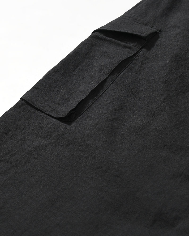 LINEN COTTON KNEE CARGO PANTS -BLACK-