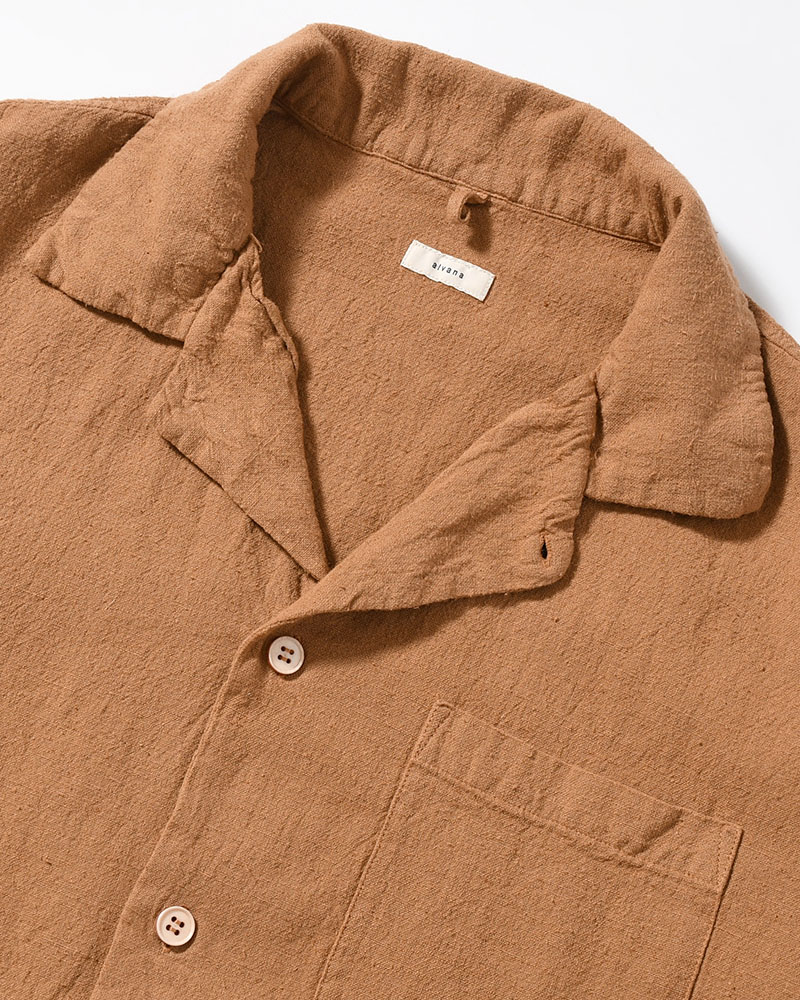NATURAL HEMP OPEN COLLAR SHIRT -BOTANICAL BROWN-