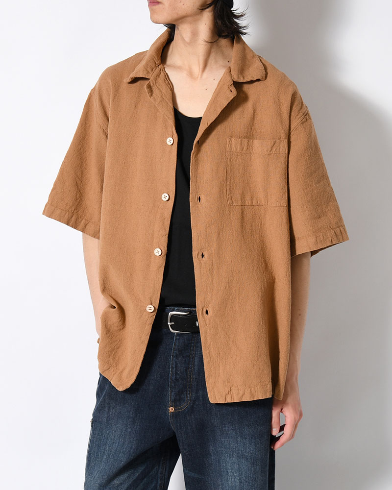 NATURAL HEMP OPEN COLLAR SHIRT -BOTANICAL BROWN-