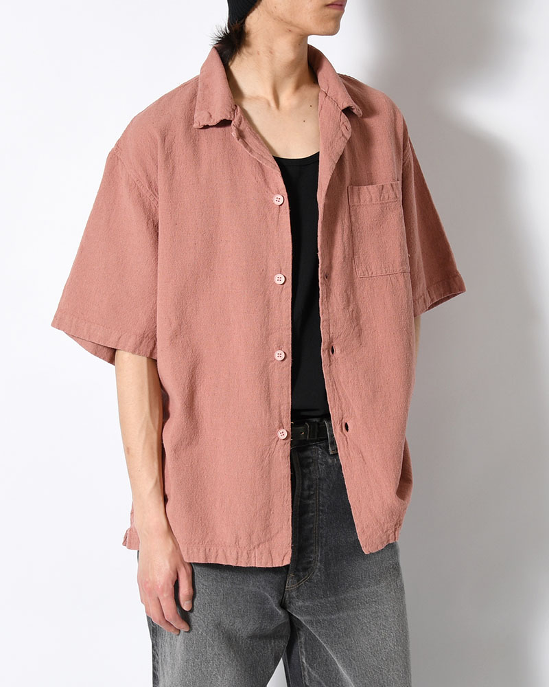 NATURAL HEMP OPEN COLLAR SHIRT -PINK BEIGE-