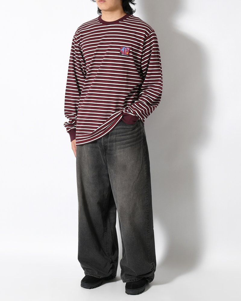 TRIPPED STRIPES PIQUE LONG SLEEVE T-SHIRT -DARK RED-