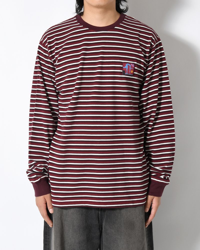 TRIPPED STRIPES PIQUE LONG SLEEVE T-SHIRT -DARK RED-