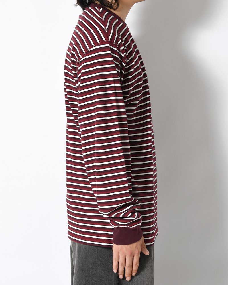 TRIPPED STRIPES PIQUE LONG SLEEVE T-SHIRT -DARK RED-