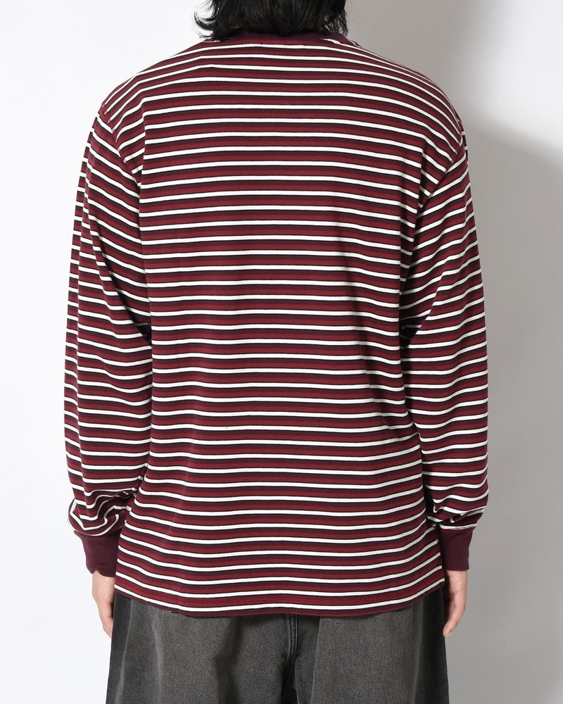 TRIPPED STRIPES PIQUE LONG SLEEVE T-SHIRT -DARK RED-