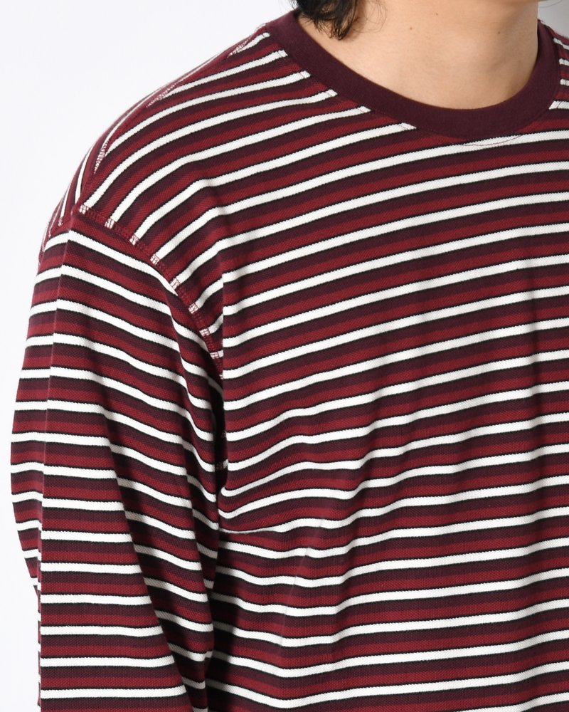 TRIPPED STRIPES PIQUE LONG SLEEVE T-SHIRT -DARK RED-