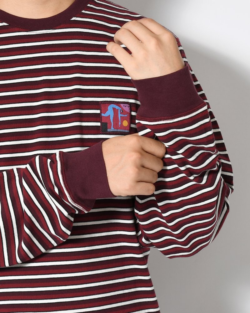 TRIPPED STRIPES PIQUE LONG SLEEVE T-SHIRT -DARK RED-