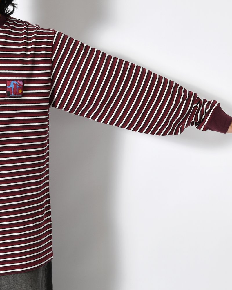 TRIPPED STRIPES PIQUE LONG SLEEVE T-SHIRT -DARK RED-