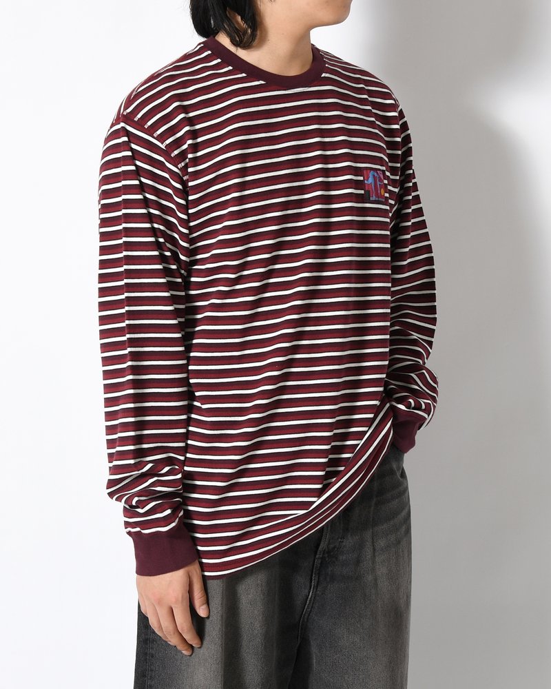 TRIPPED STRIPES PIQUE LONG SLEEVE T-SHIRT -DARK RED-