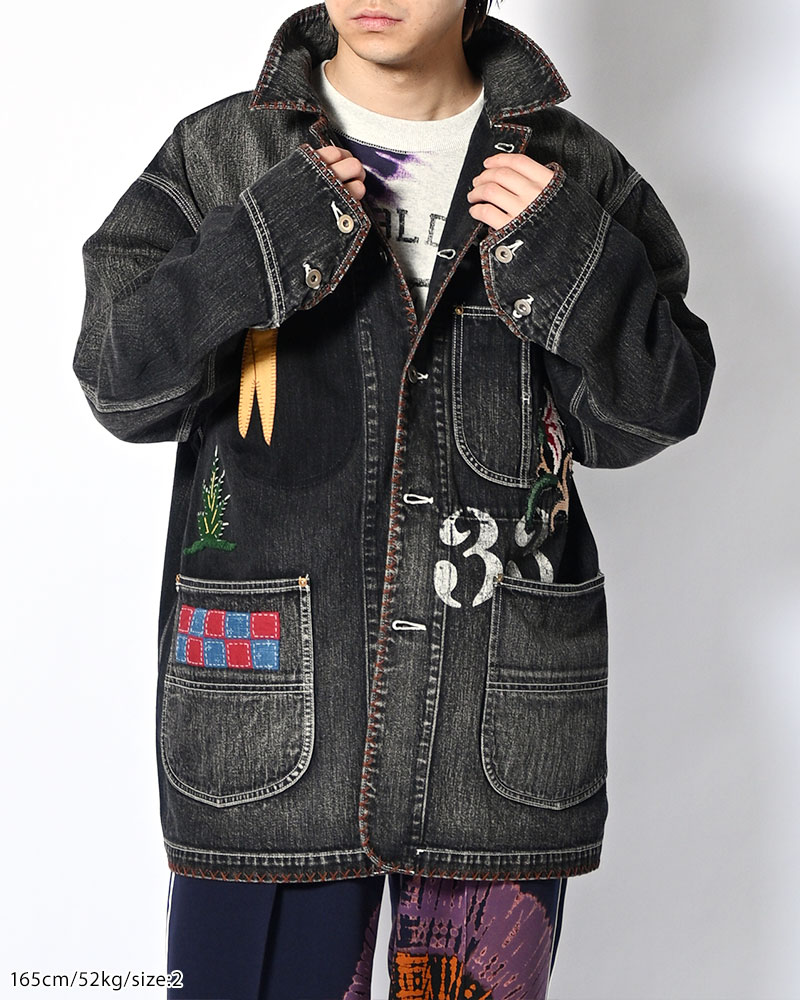 Hand-Embroidered Denim Coverall -BLACK-