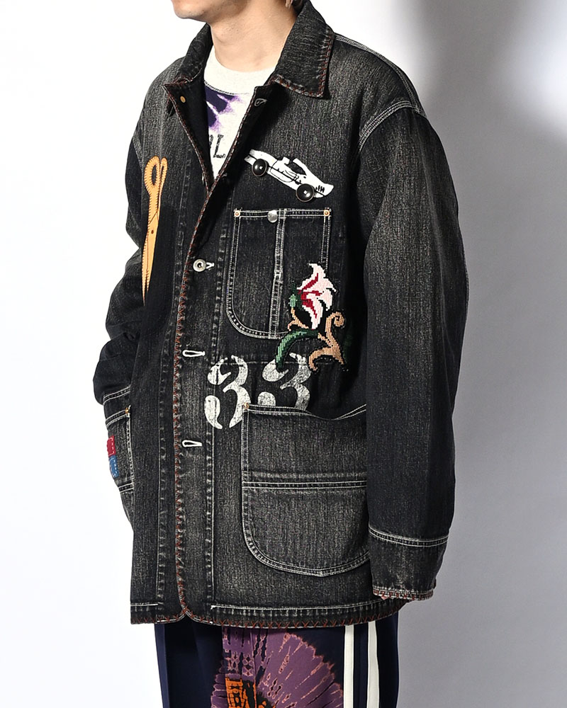 Hand-Embroidered Denim Coverall -BLACK-