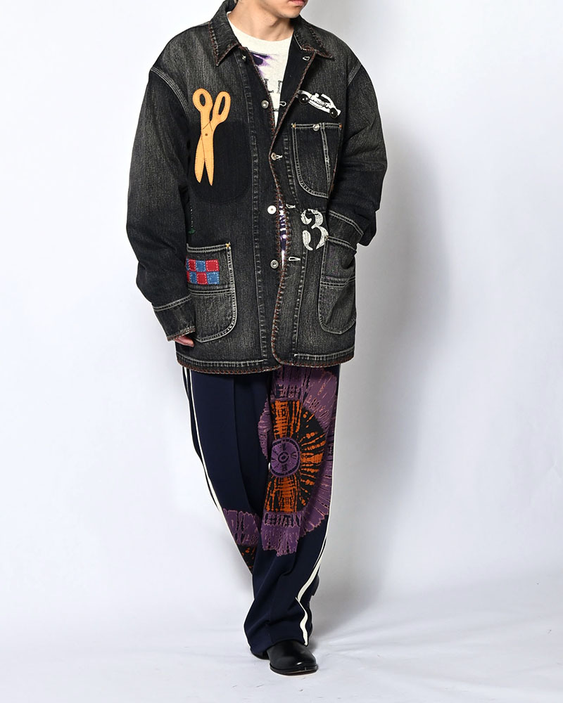 Hand-Embroidered Denim Coverall -BLACK-