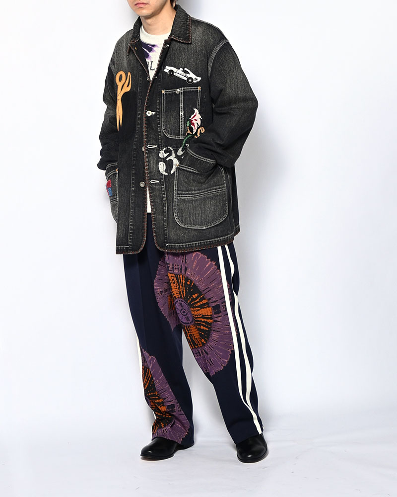 Hand-Embroidered Denim Coverall -BLACK-