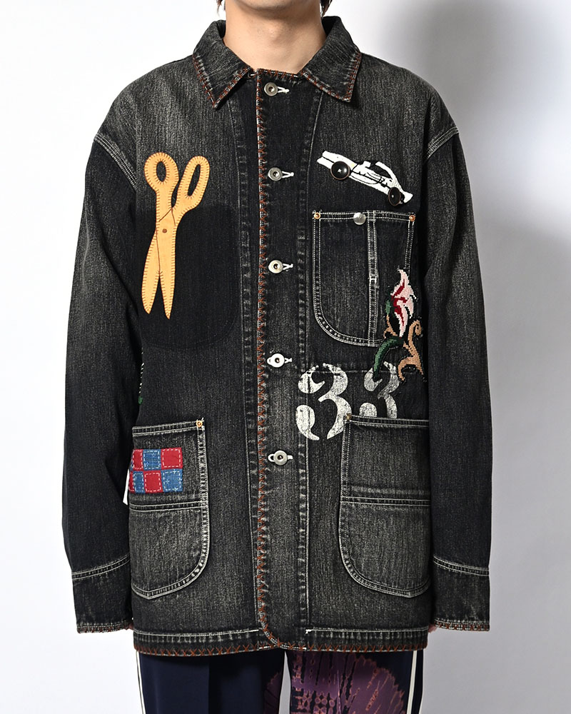 Hand-Embroidered Denim Coverall -BLACK-