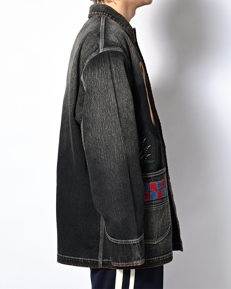 Hand-Embroidered Denim Coverall -BLACK-