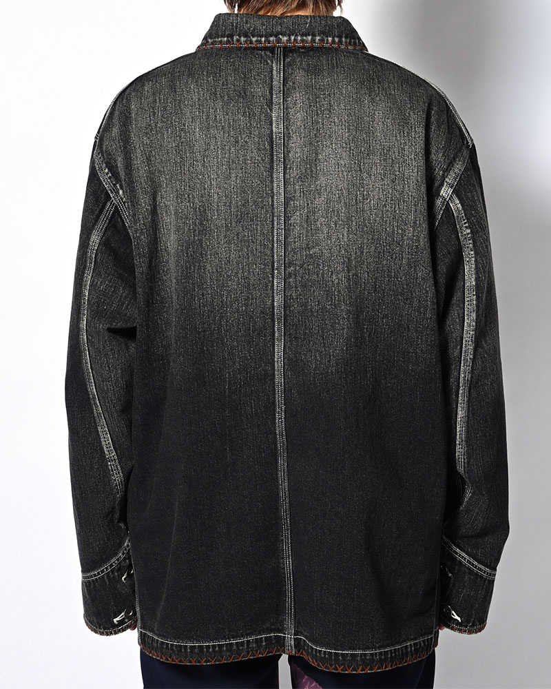 Hand-Embroidered Denim Coverall -BLACK-