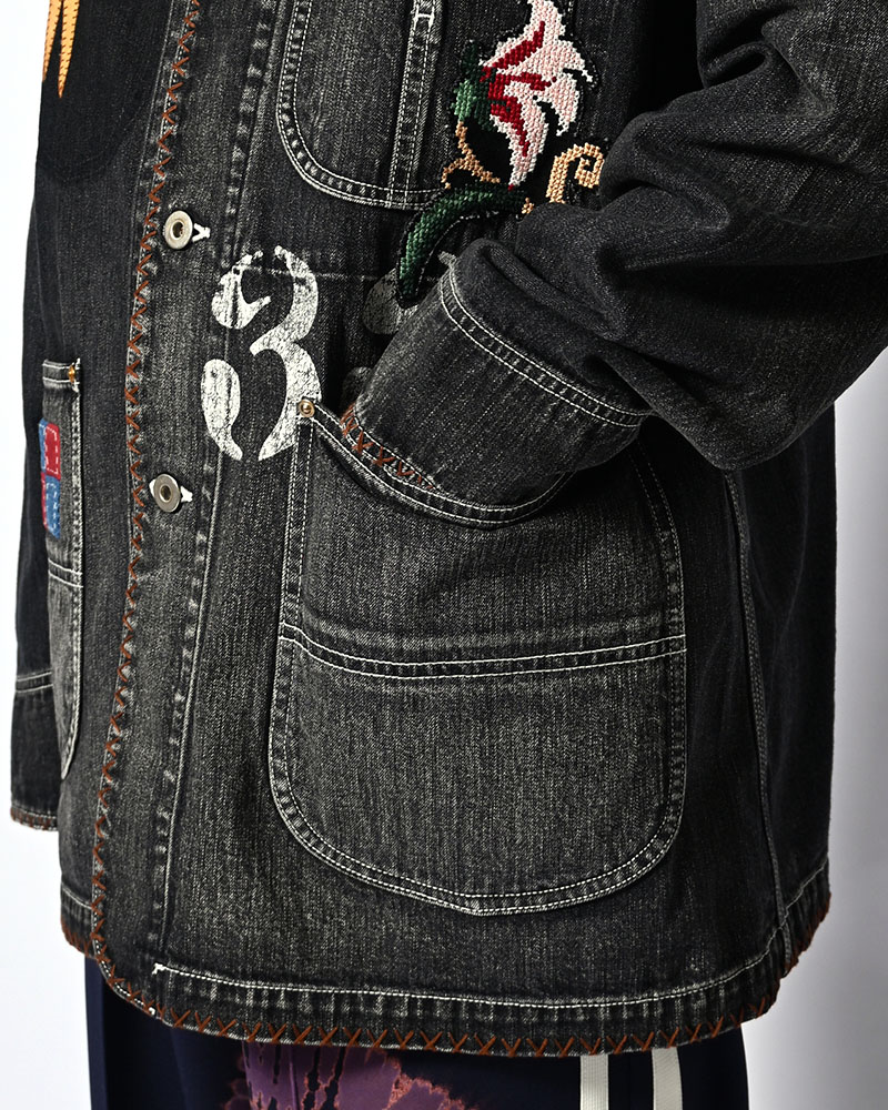 Hand-Embroidered Denim Coverall -BLACK-