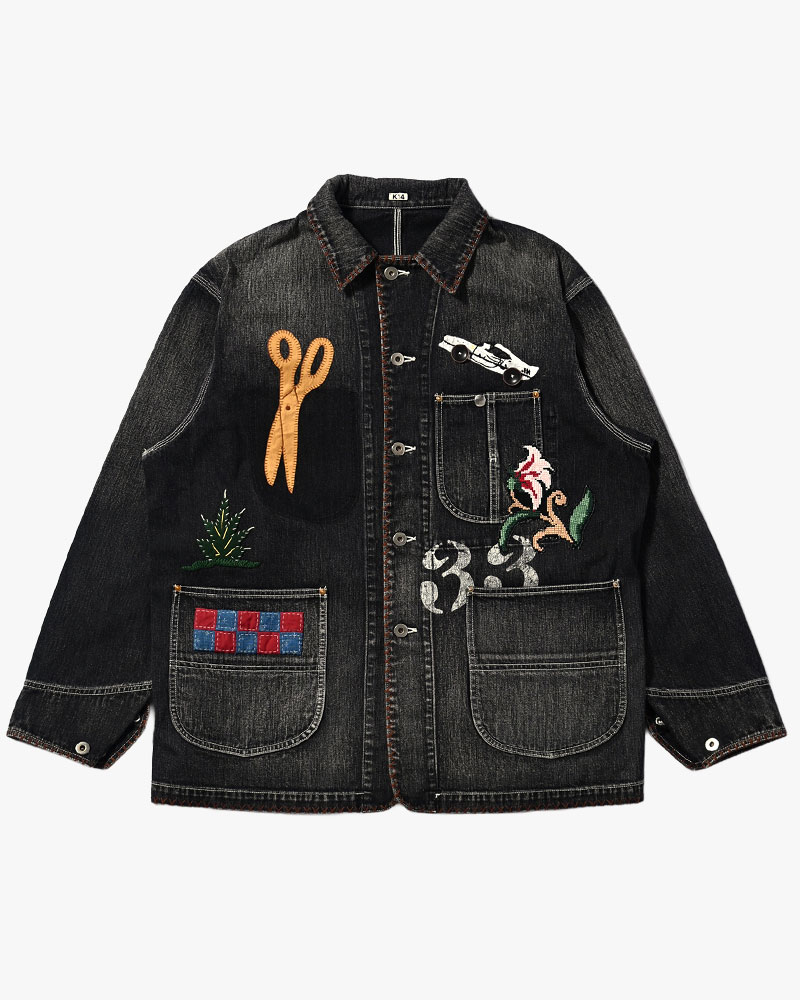 Hand-Embroidered Denim Coverall -BLACK-