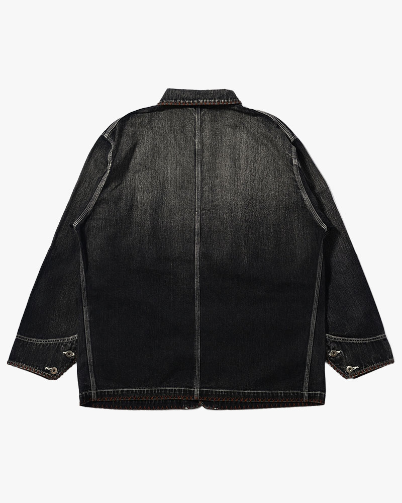 Hand-Embroidered Denim Coverall -BLACK-