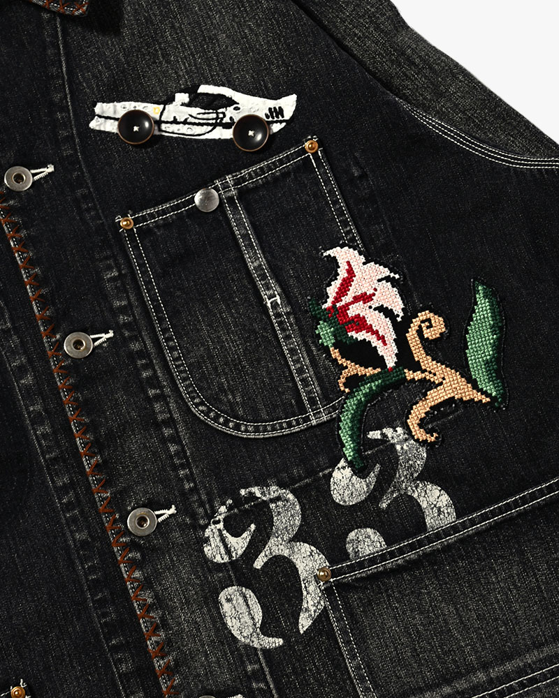 Hand-Embroidered Denim Coverall -BLACK-