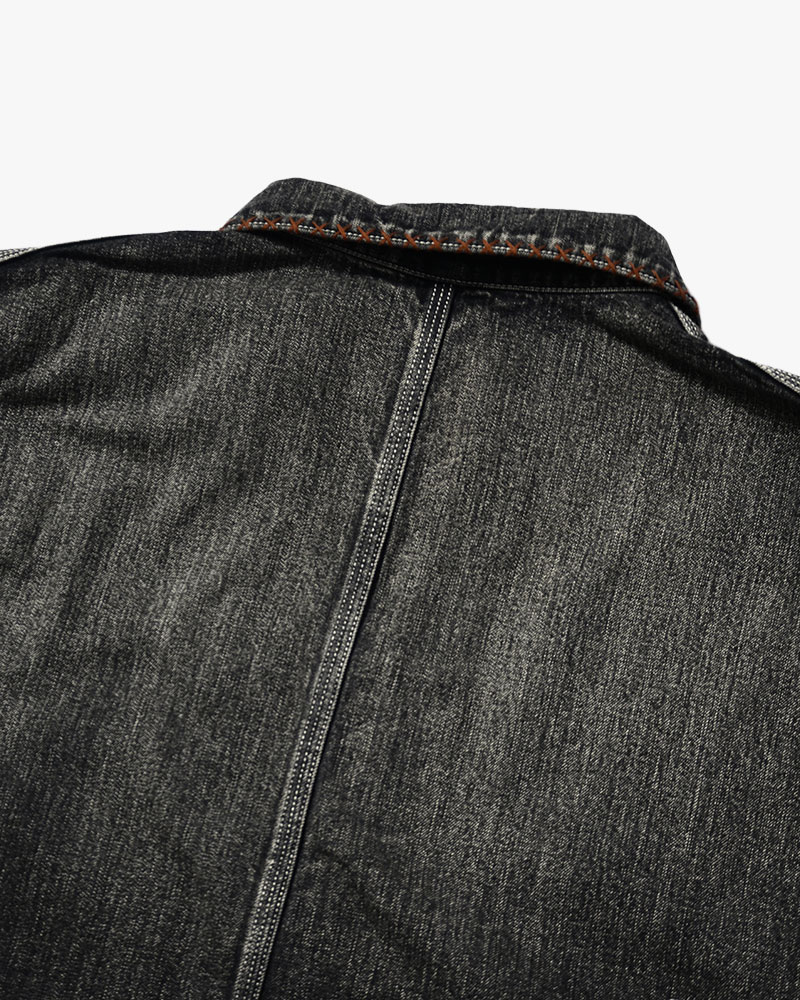 Hand-Embroidered Denim Coverall -BLACK-