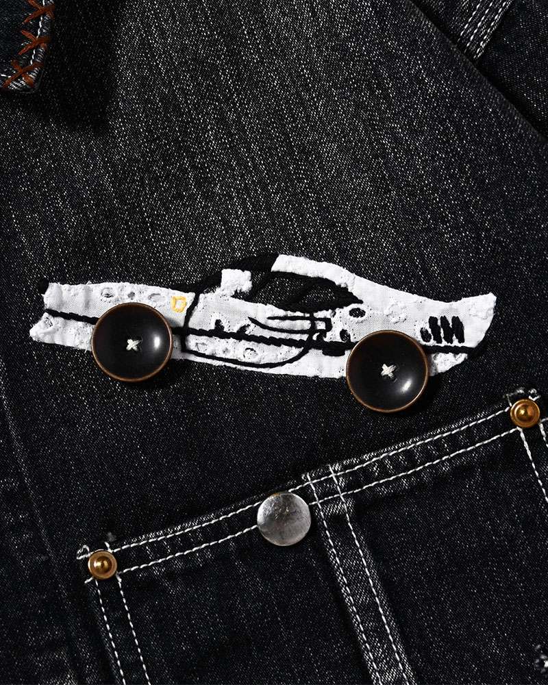 Hand-Embroidered Denim Coverall -BLACK-