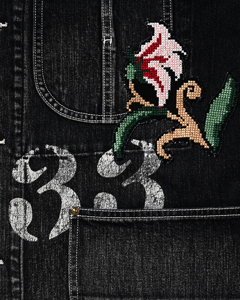 Hand-Embroidered Denim Coverall -BLACK-
