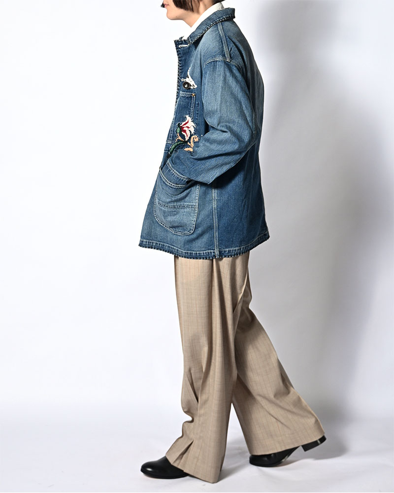 Hand-Embroidered Denim Coverall -INDIGO-