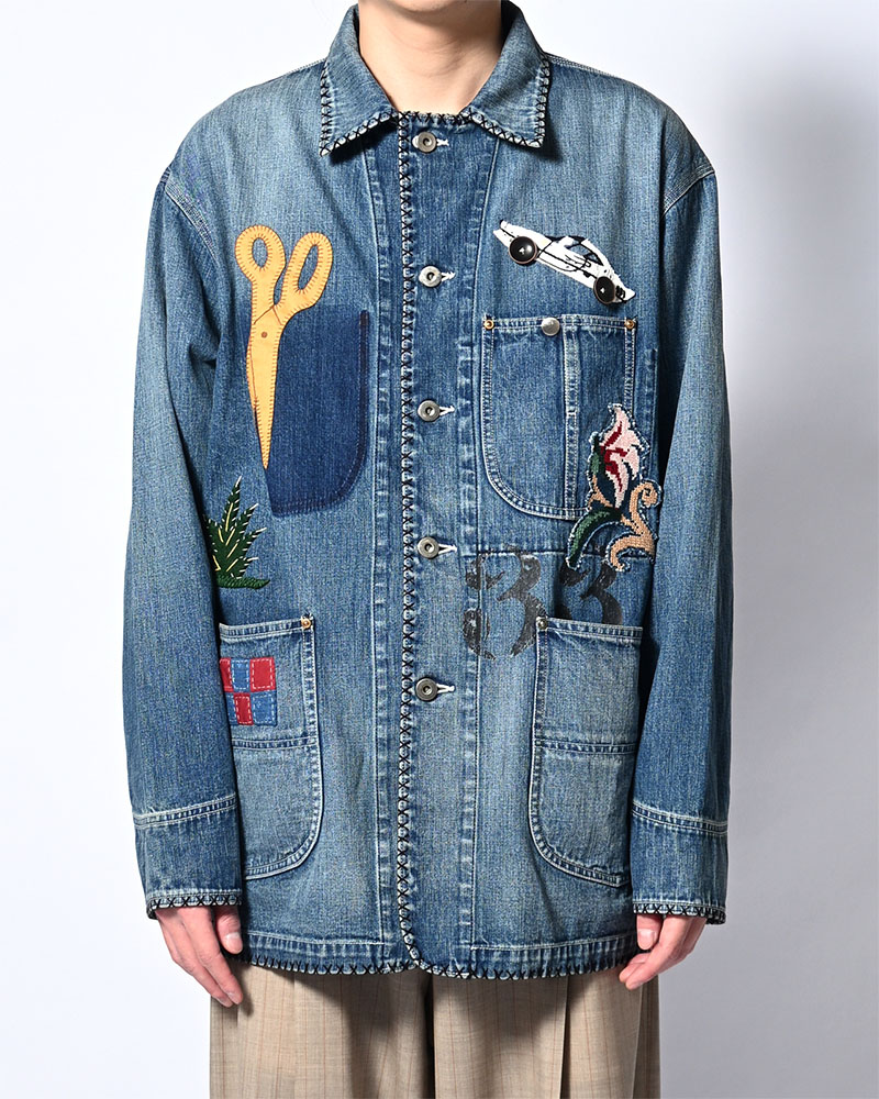 Hand-Embroidered Denim Coverall -INDIGO-