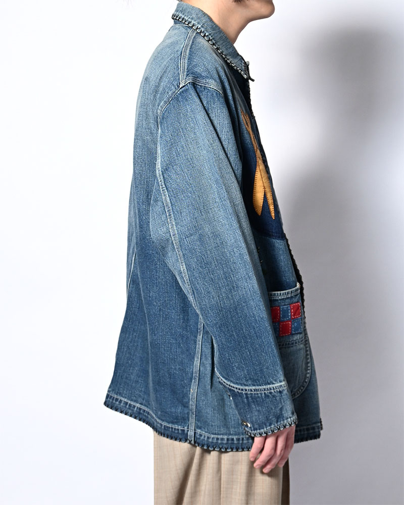 Hand-Embroidered Denim Coverall -INDIGO-