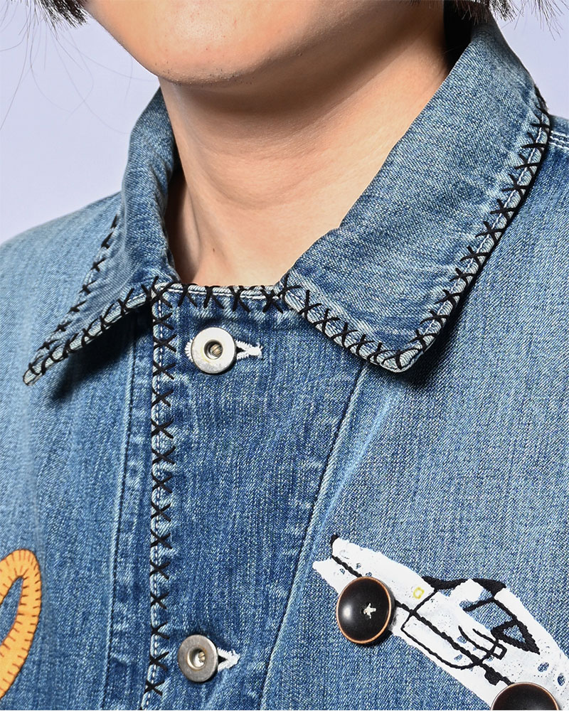 Hand-Embroidered Denim Coverall -INDIGO-