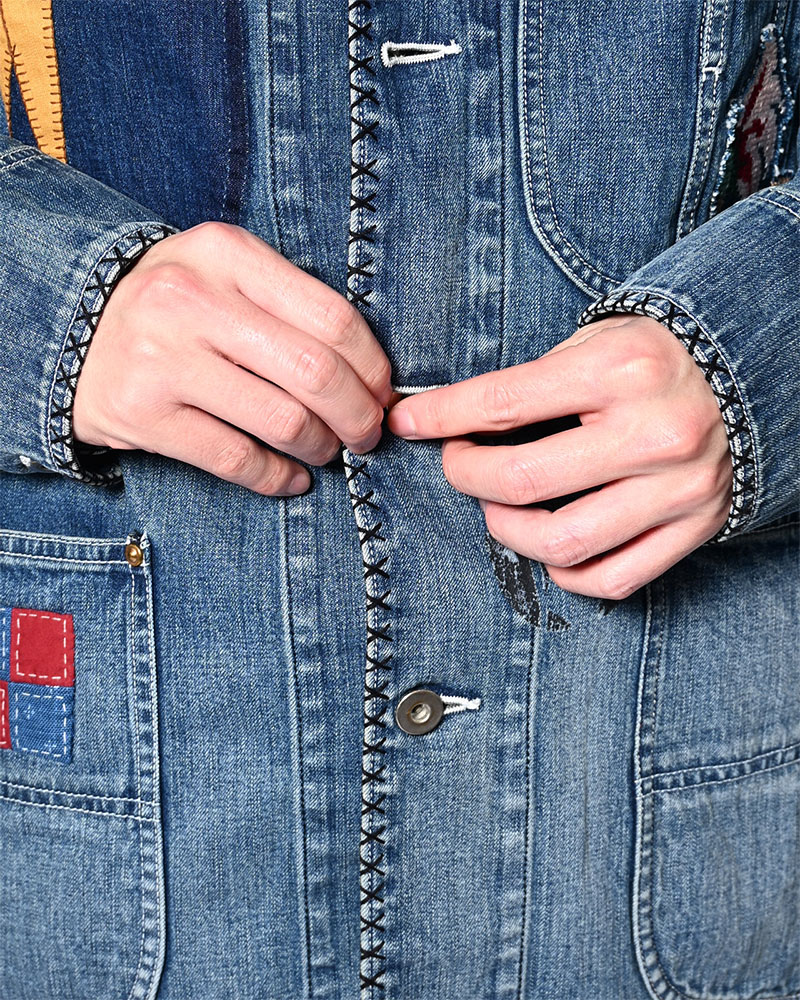Hand-Embroidered Denim Coverall -INDIGO-
